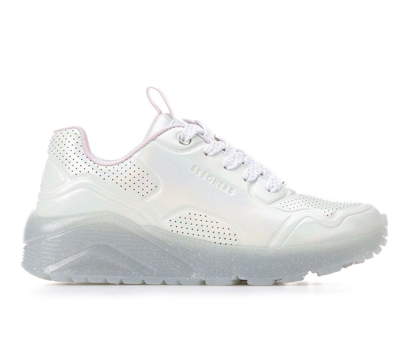 Wholesale ๐ Girls' Skechers Little Kid & Big Kid Uno Ice Prism Luxe Wedge ๐ Sneakers White/Silver ๐